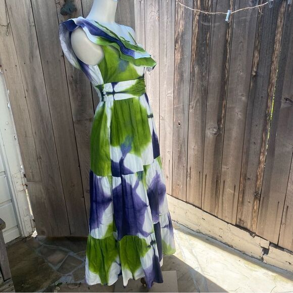 Busayo One Shoulder Ruffle Tie Dye Maxi Purple White and Green Dress - 0 - Picture 8 of 12